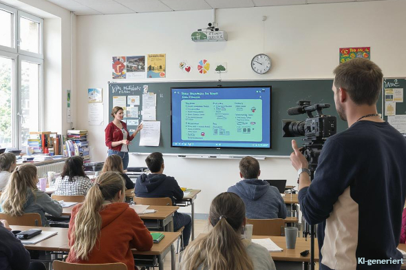 Ki-generiertes Bild, auf dem ein Klassenzimmer mit Schüler*innen und Lehrerin an Whiteboard zu sehen ist sowie ein Bildungsforscher mit Videokamera, der den Unterricht aufnimmt